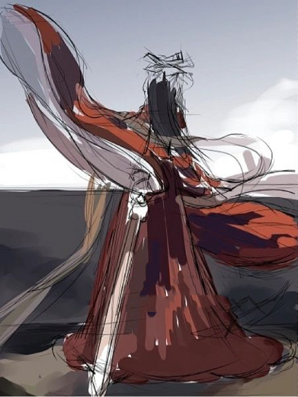 古风女背影嫁衣侠客手绘插画练习国风 在京剧头像画完之后,真的觉得