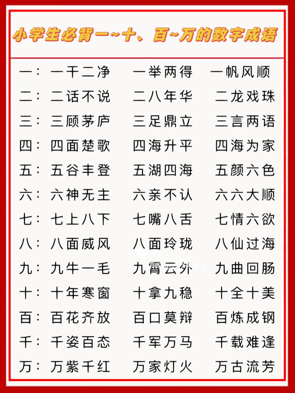 小学生必背一～十,百～万的数字成语 99  小学生必背一～十,百～万