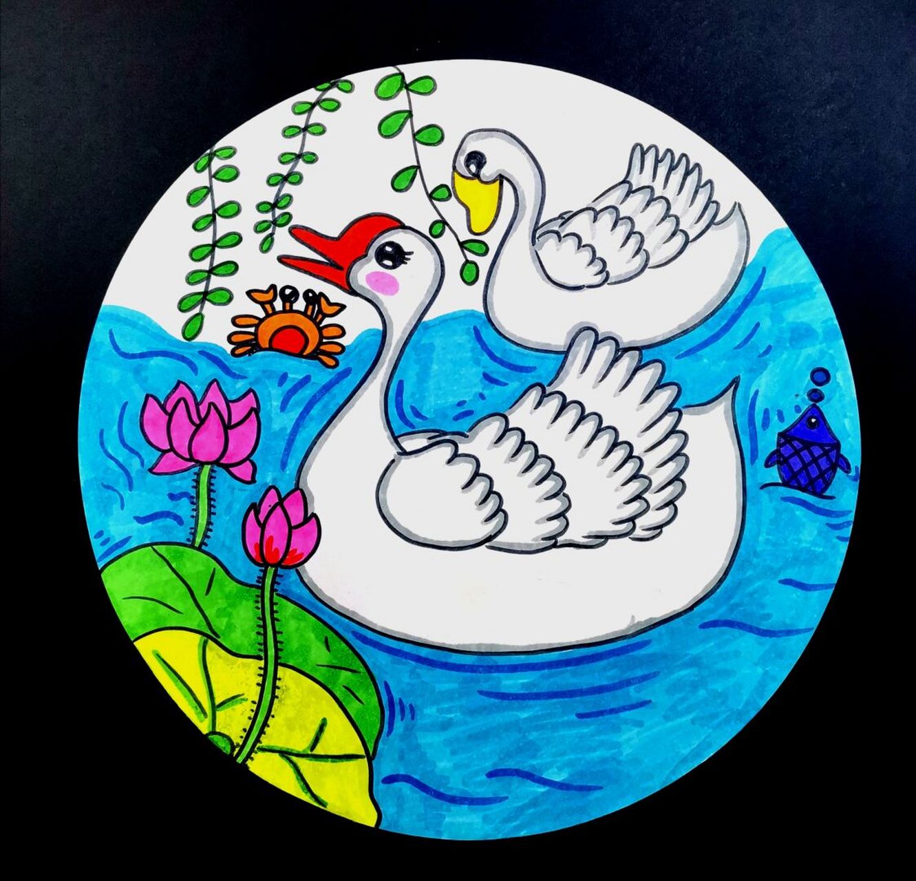 鹅鹅鹅～曲项向天歌 白色的鹅往轮廓线里面勾个灰色边 	 可以画正在