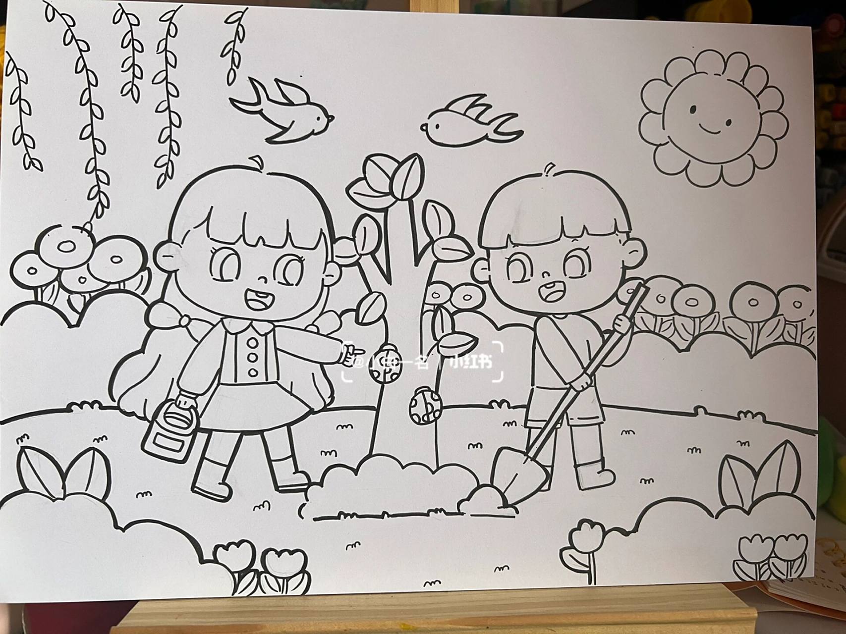教师招聘简笔画《植树节》《郊游》 春天的主题画 适用于很多场景