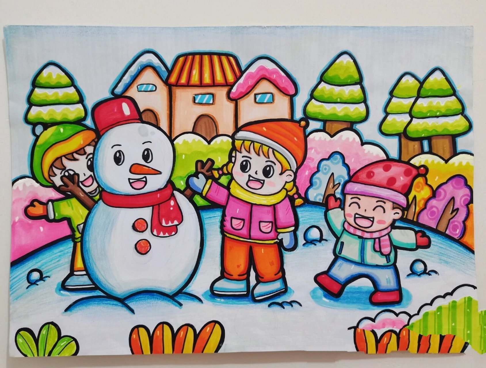 冬天主题 《下雪啦》7615 你们那里有没有开始下雪呀 纸:马克笔