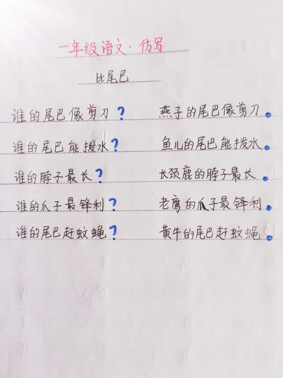 一年级/仿写句子:比尾巴 一年级语文仿写 比尾巴 谁的尾巴像剪刀?