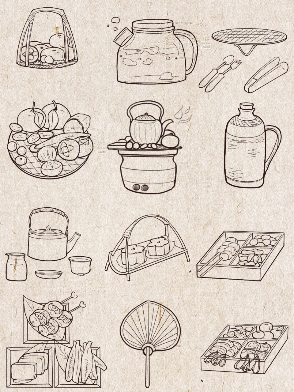 插画|简笔画|手帐素材|围炉煮茶 像是回到了小时候围着火炉的感觉97