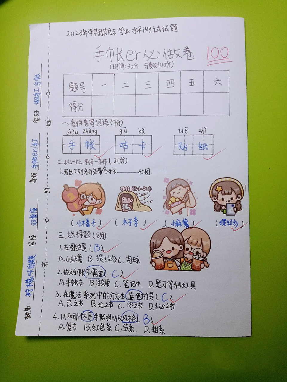 自制的手帐试卷