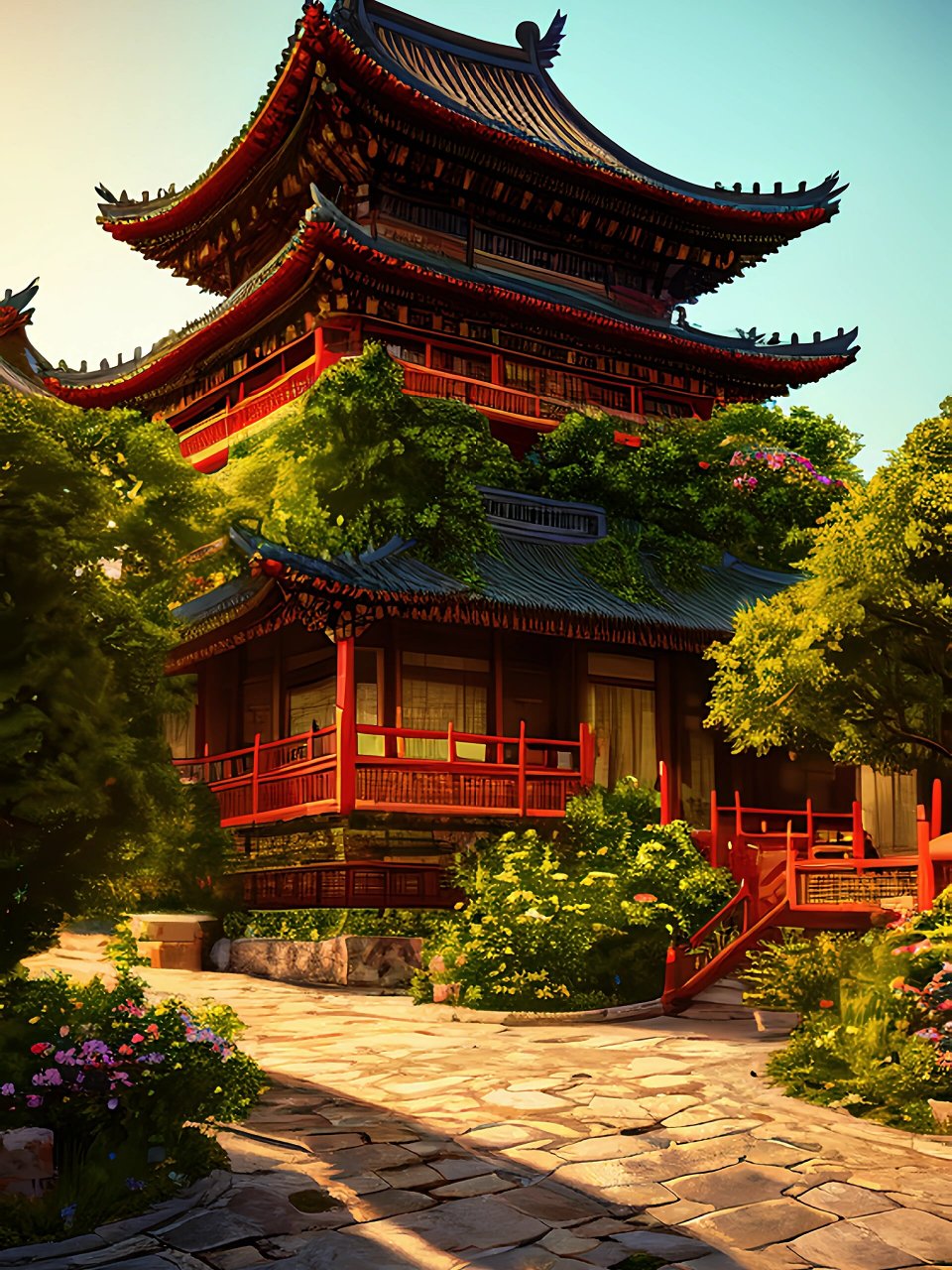 古风插画16山水阁楼夕阳傍晚下的灯光