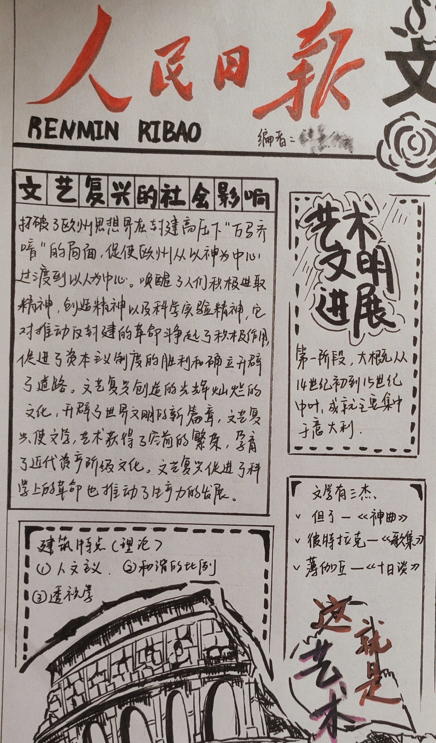 历史小报——文艺复兴 缝缝补补又一年,开学最后一天的成品