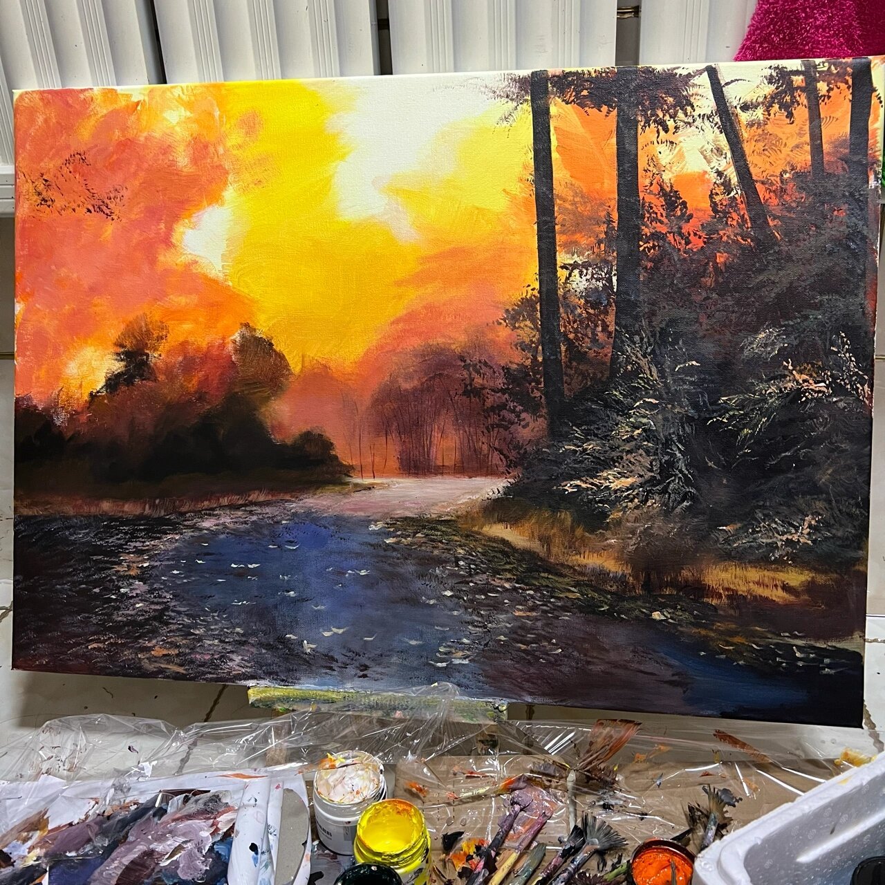 丙烯画:森林里的光(含步骤图) 尺寸50x70 临摹俄罗斯画家维克多 所用