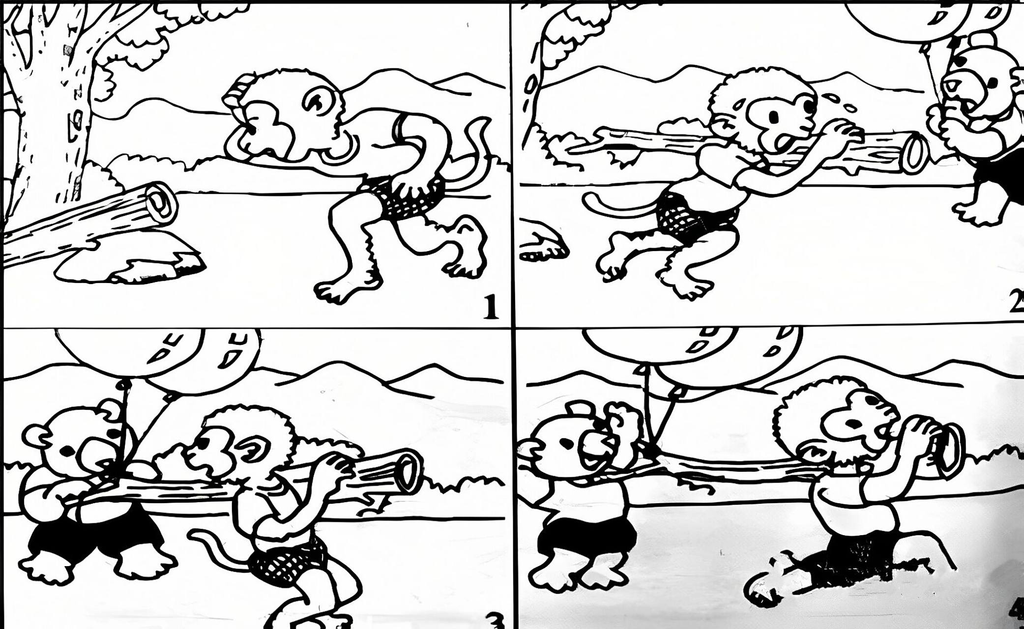 《抬木头》一年级看图写话 云朗风清的早晨,小猴子正在盖房子,他来到