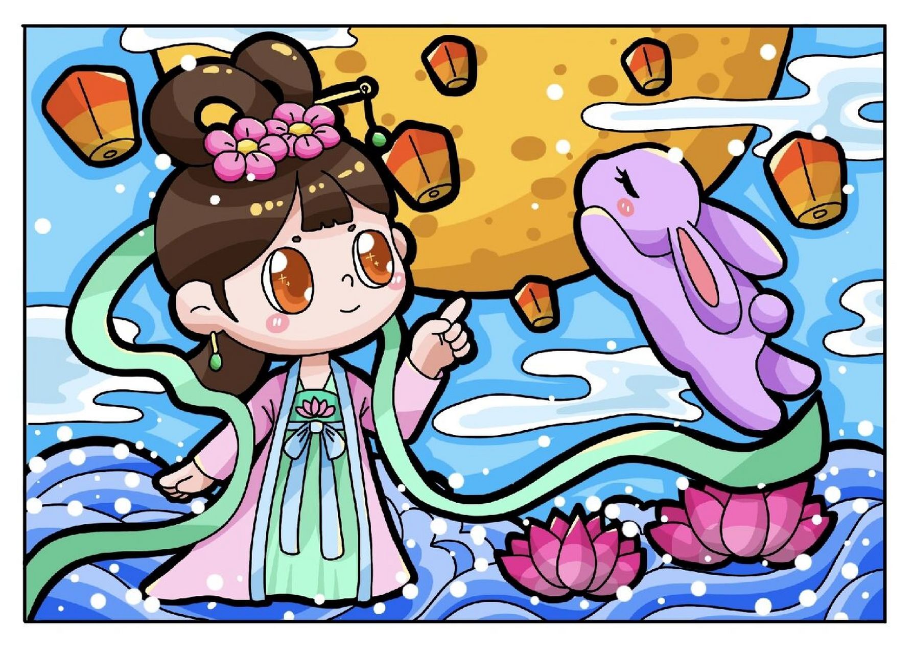 原创中秋主题儿童画/嫦娥玉兔/中秋素材 原图可分享～ 可临摹,要标