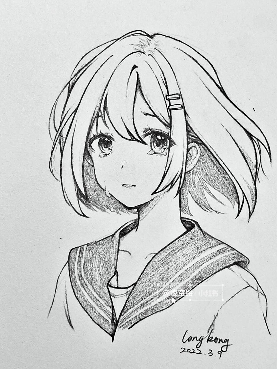 伤心忧郁的手绘动漫画人物头像线稿短发女生 漫画短发女生人像线稿