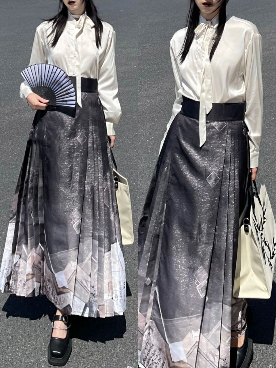 明制改良的马面裙 搭配衬衫很日常 优雅中式女优等生的感觉 好乖 .