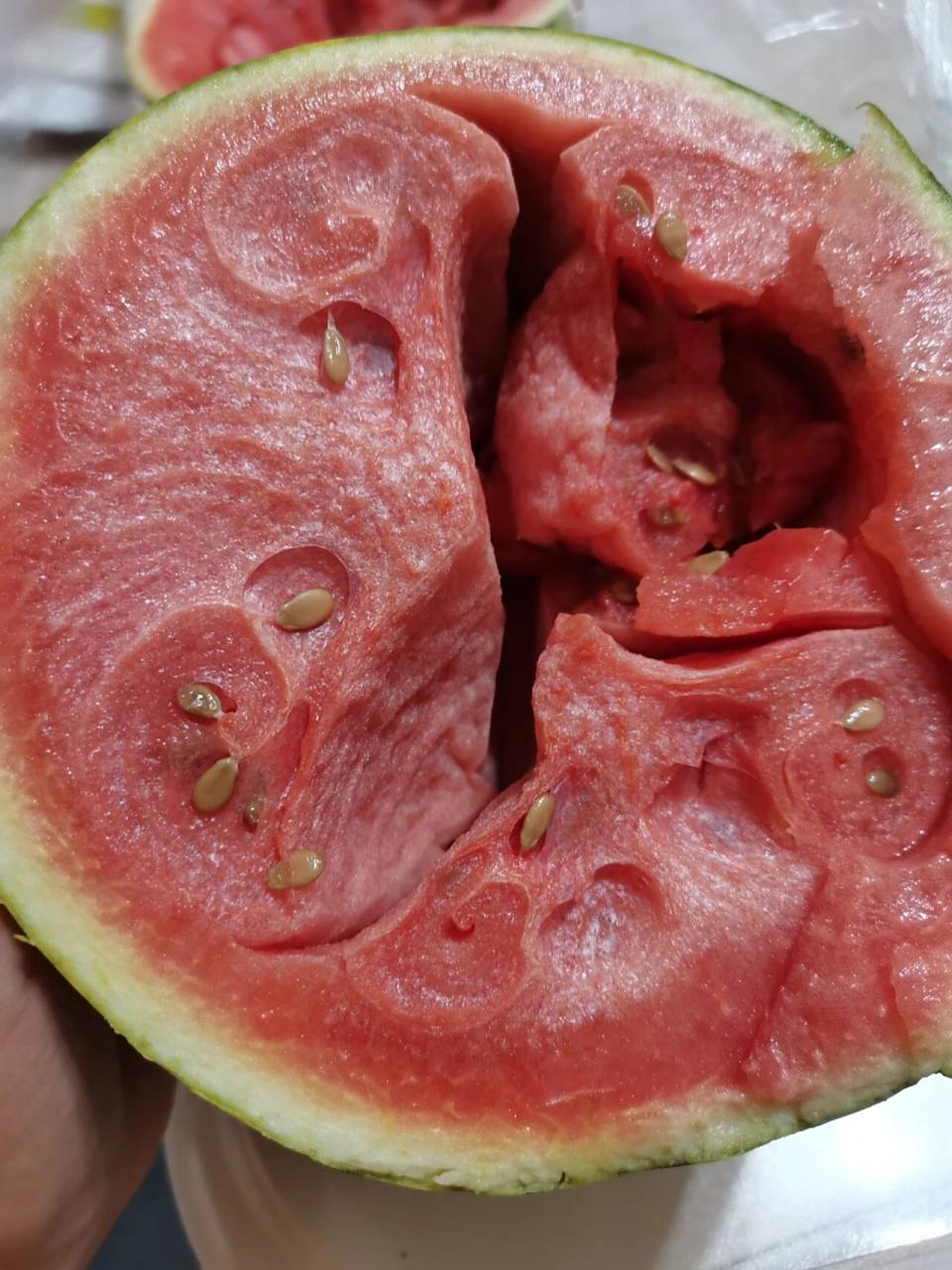 在小区的团购群买的牛奶小爆瓜,瓜蒂都干了,外皮按着有些蔫软,打开