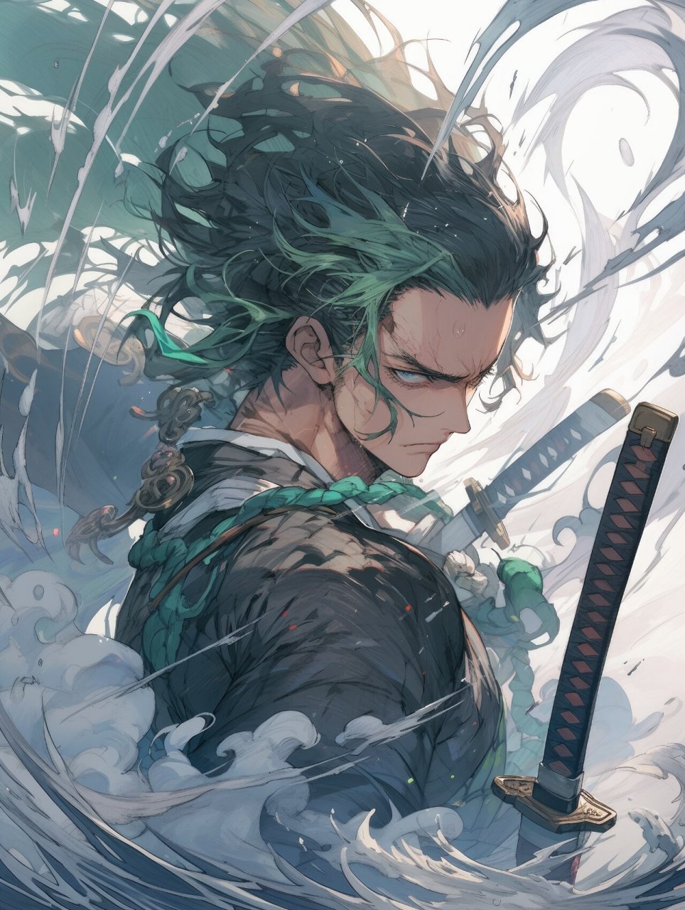 midjourney | 索隆,海贼王头像壁纸 咒语:the character of the one