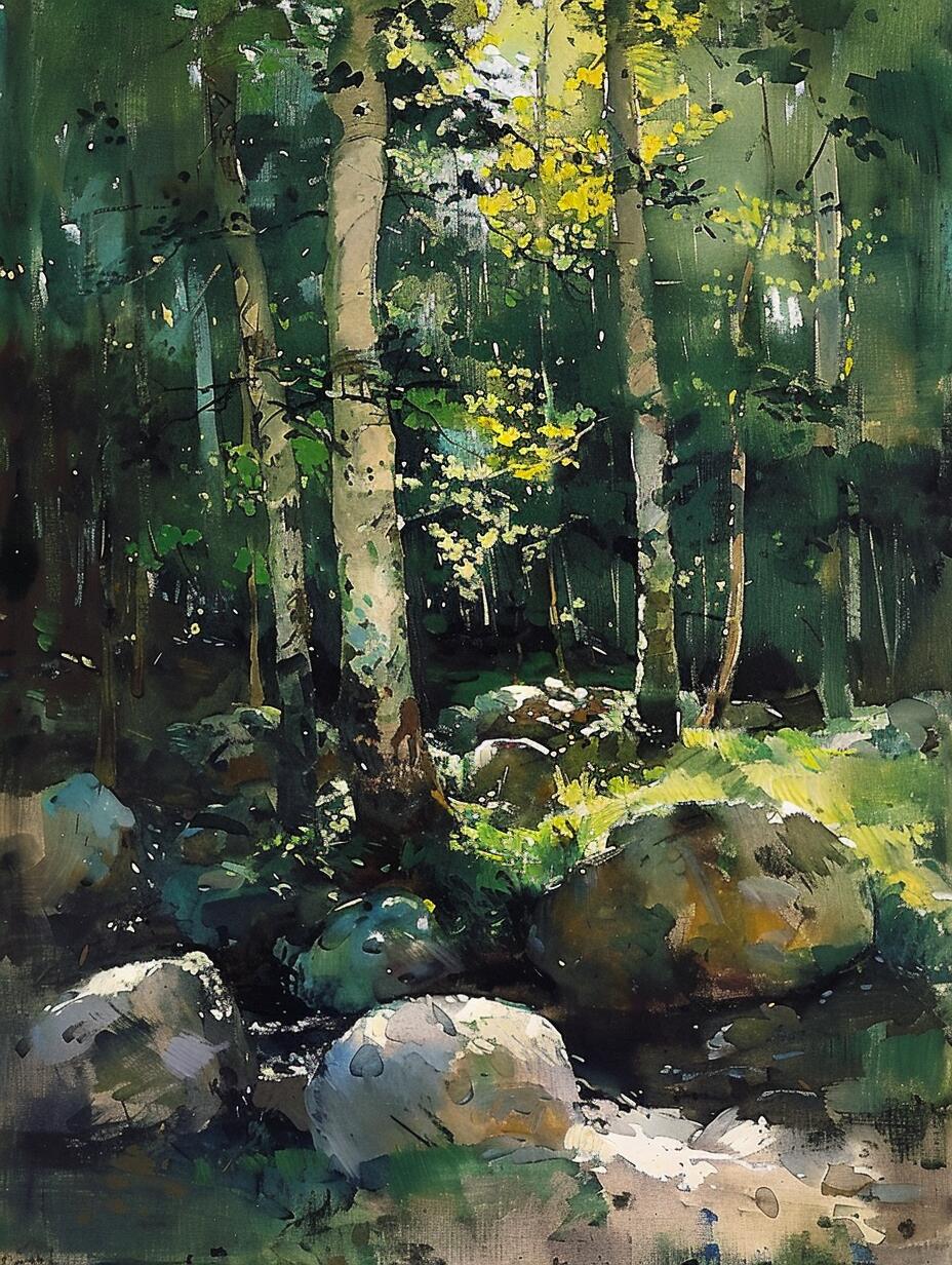 ai油画|静谧森林,绿意盎然,小溪潺潺