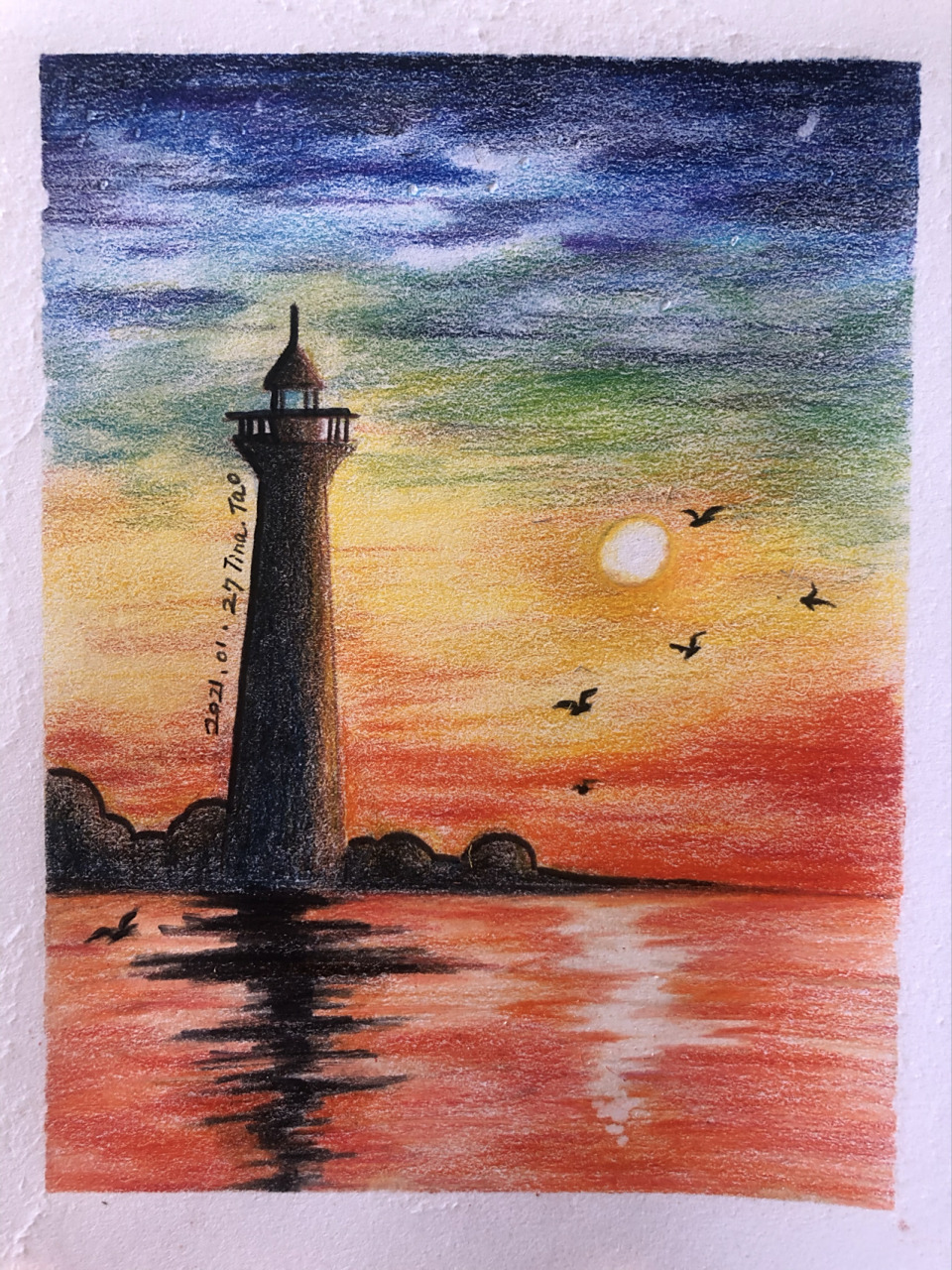 彩铅画"夕阳下的灯塔" 漂亮又简单的彩铅画