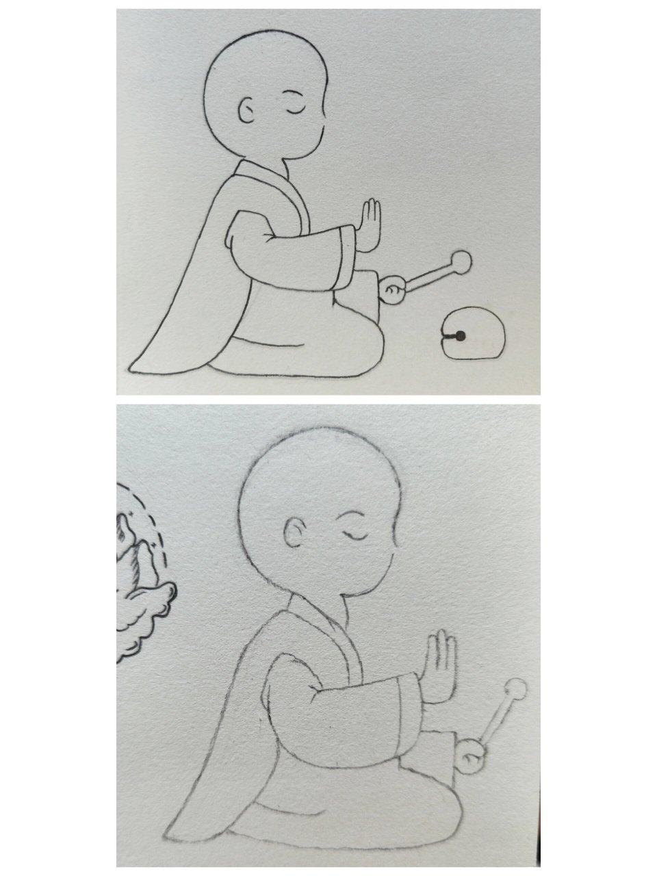 简笔画小和尚~86 不小心把头画大了,没地方画全,看图三 然后再画了一