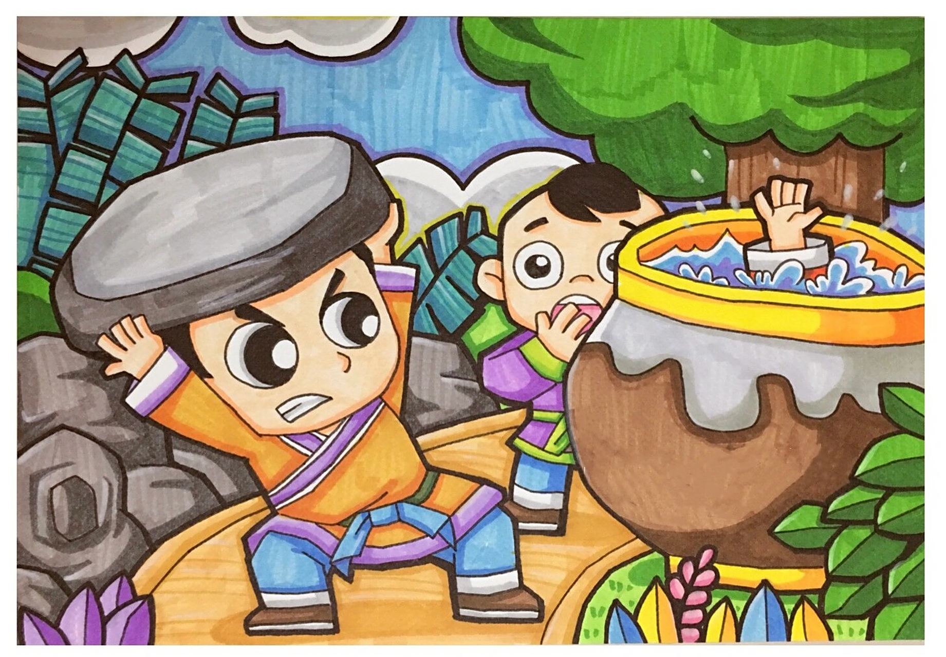 司马光砸缸 故事配画儿童画