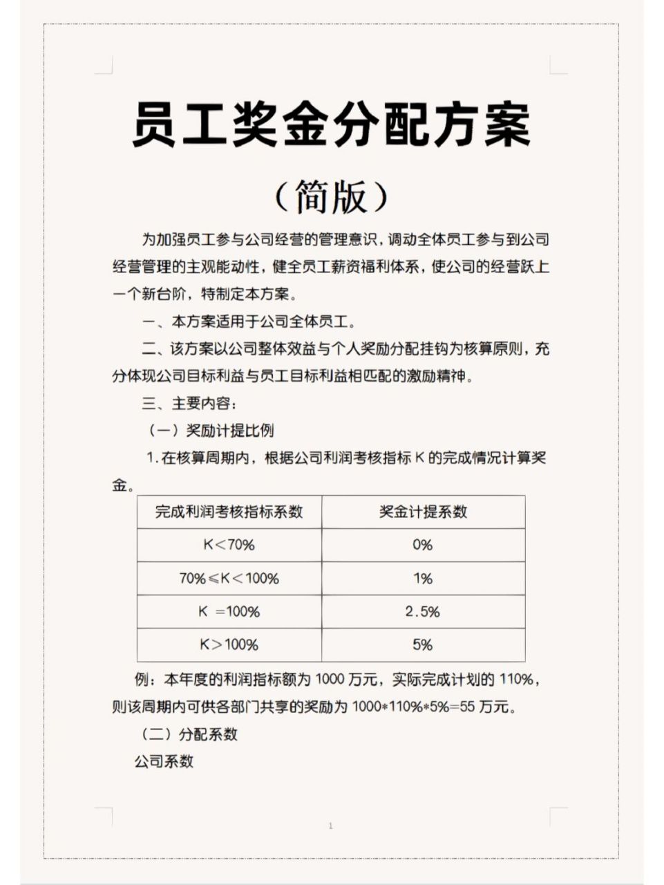 员工奖金激励分配方案(简版)