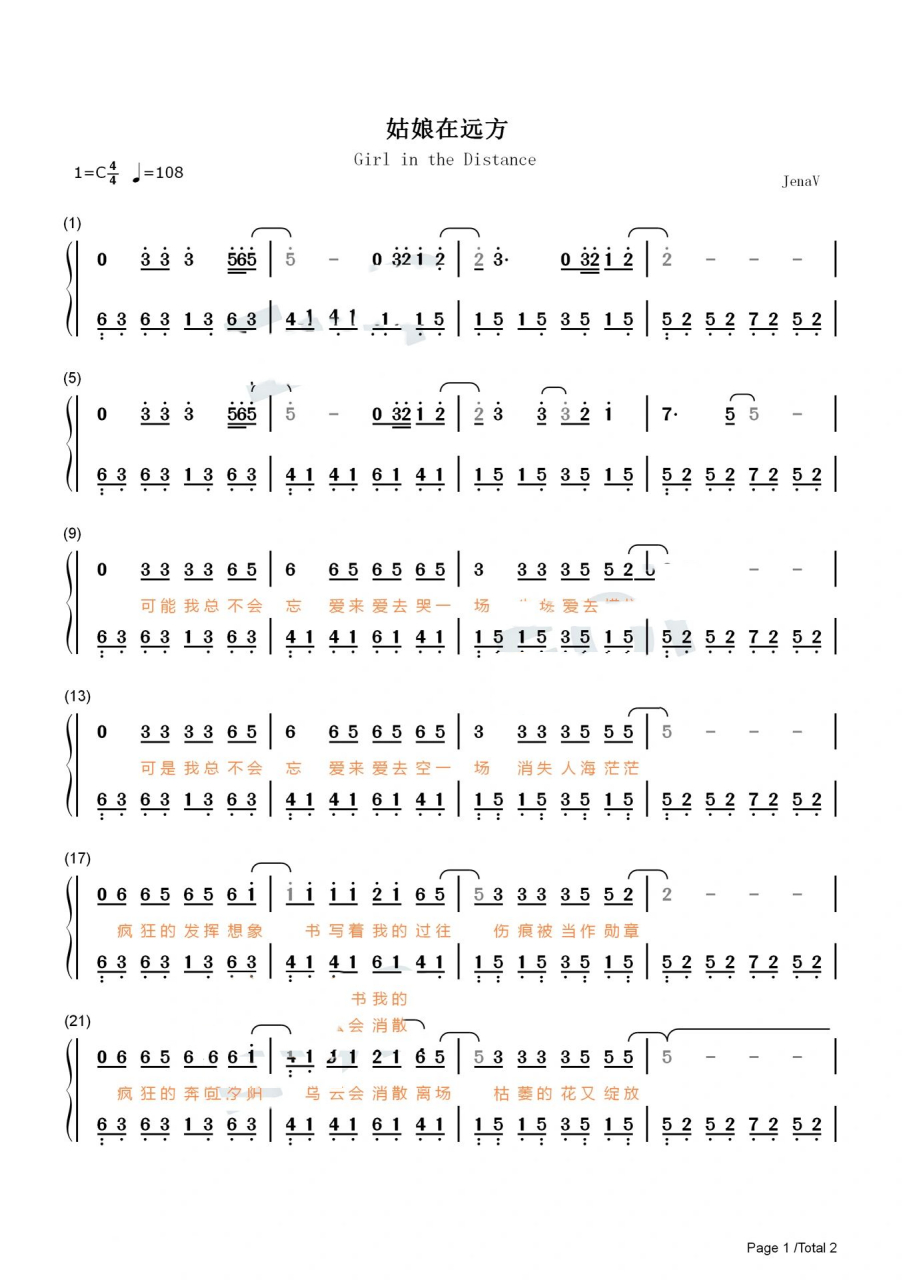 《姑娘在远方》柯柯柯啊钢琴双手简谱曲谱 回家探探儿时的那位姑娘