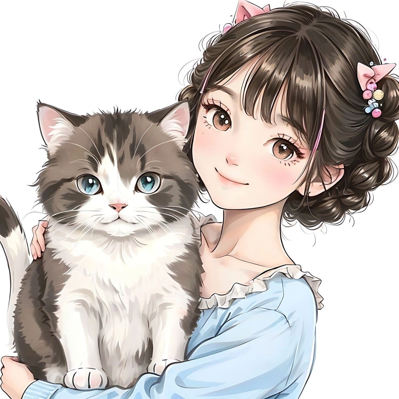 粉色女孩儿和猫咪|萌宠治愈系头像|英短 动漫风格的猫仔