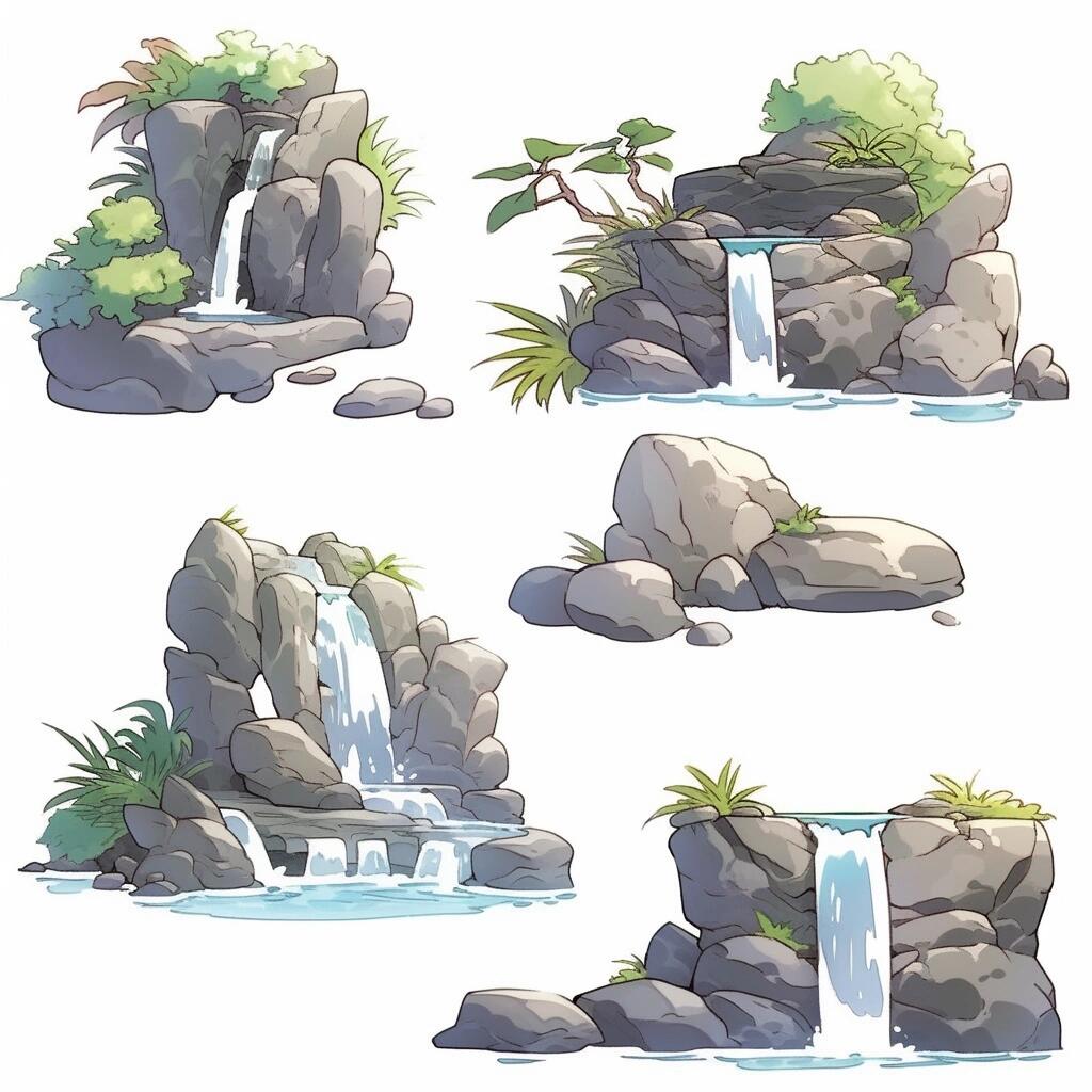 一系列手绘风格的瀑布小景观,假山流水景观,打造在你的美丽庭院吧!