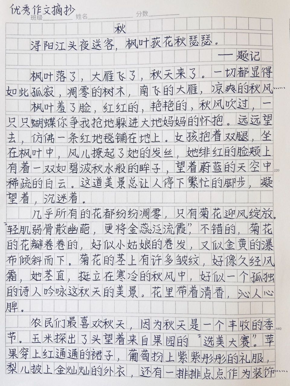 优秀作文《秋》 枫叶落了,大雁飞了,秋天来了