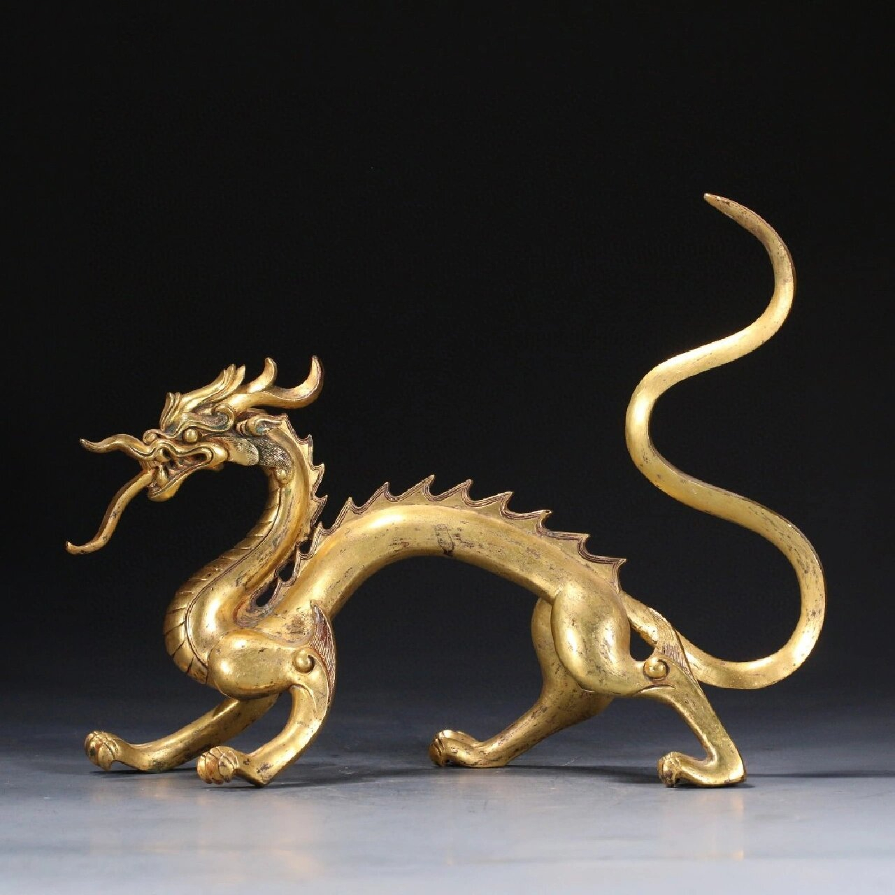 铜鎏金龙摆件,中国龙,精铜铸造,实心,龙头威猛干练,大嘴微张,舌头吐出