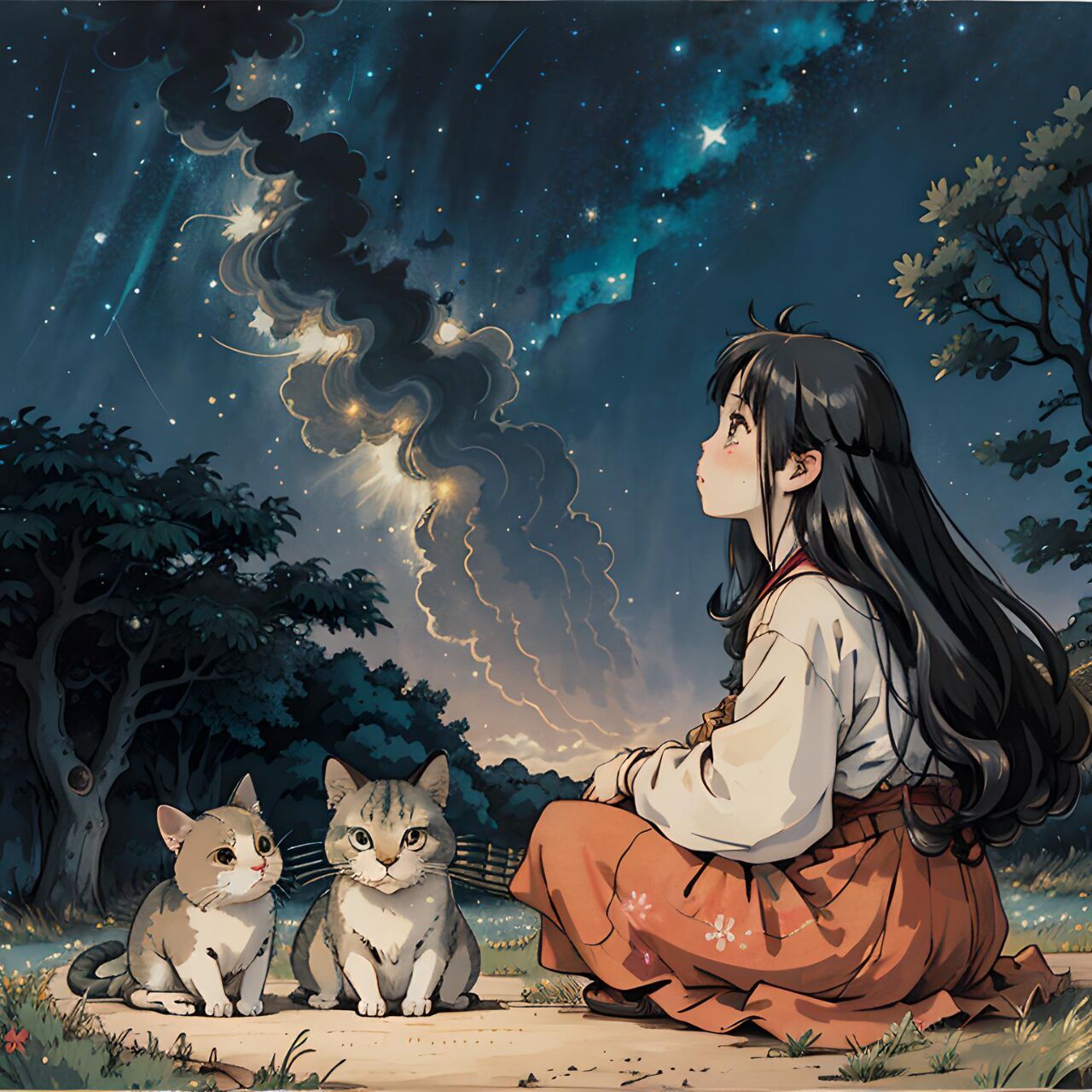 女生头像丨少女,猫与星空 "星空璀璨,少女与猫共赏",这组少女,猫与
