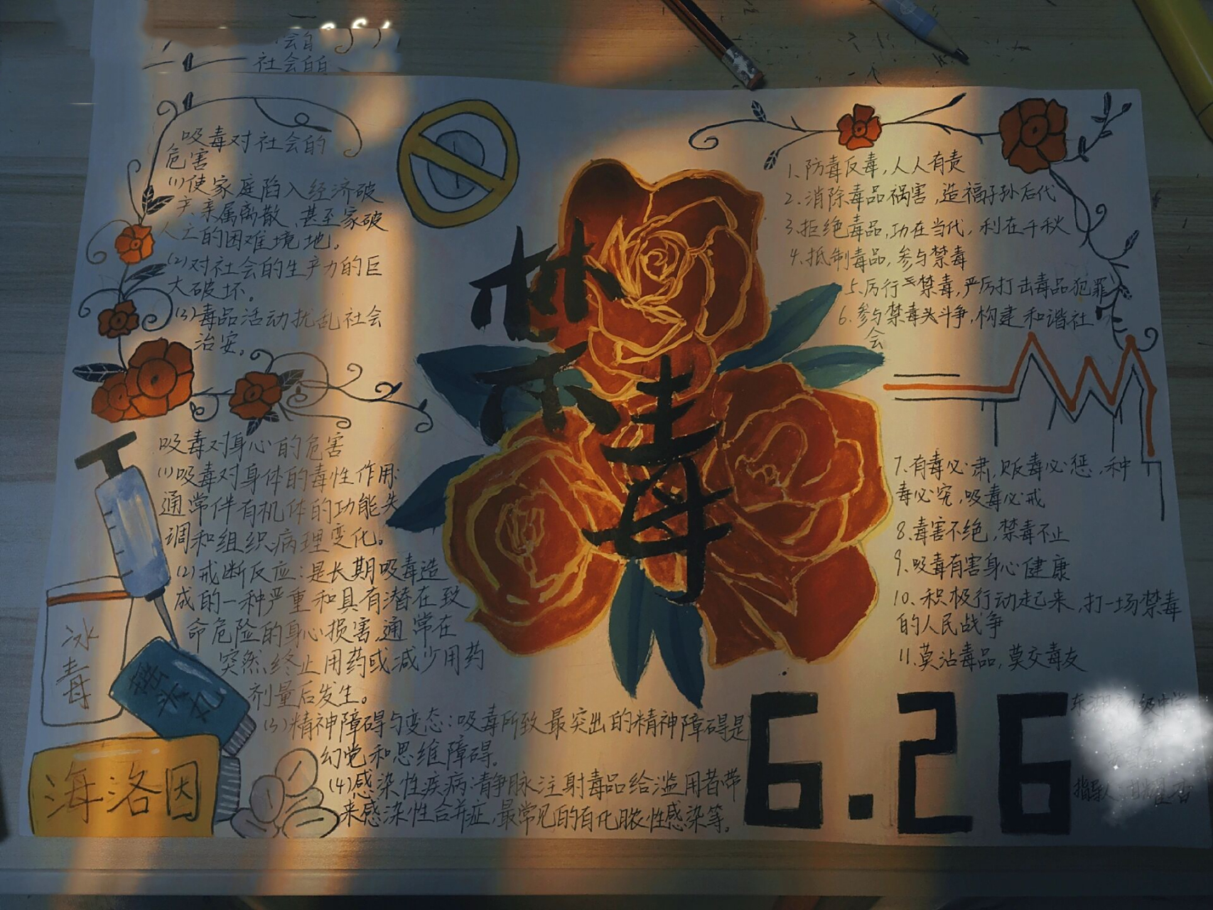 禁毒手抄报 "毒品就像玫瑰的跟一样,碰不得" 我们要杜绝吸毒!