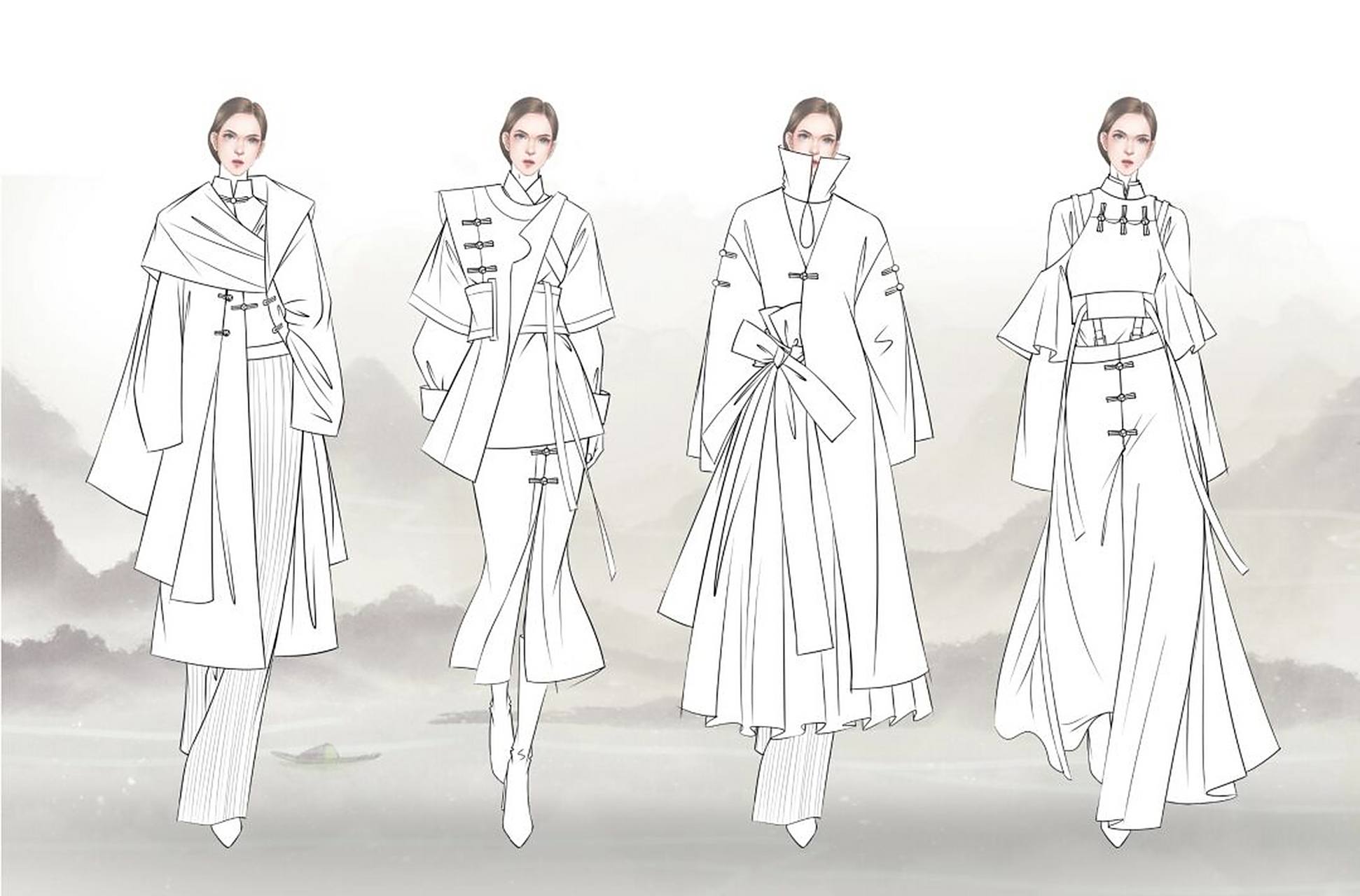 服装效果图|新中式|水墨