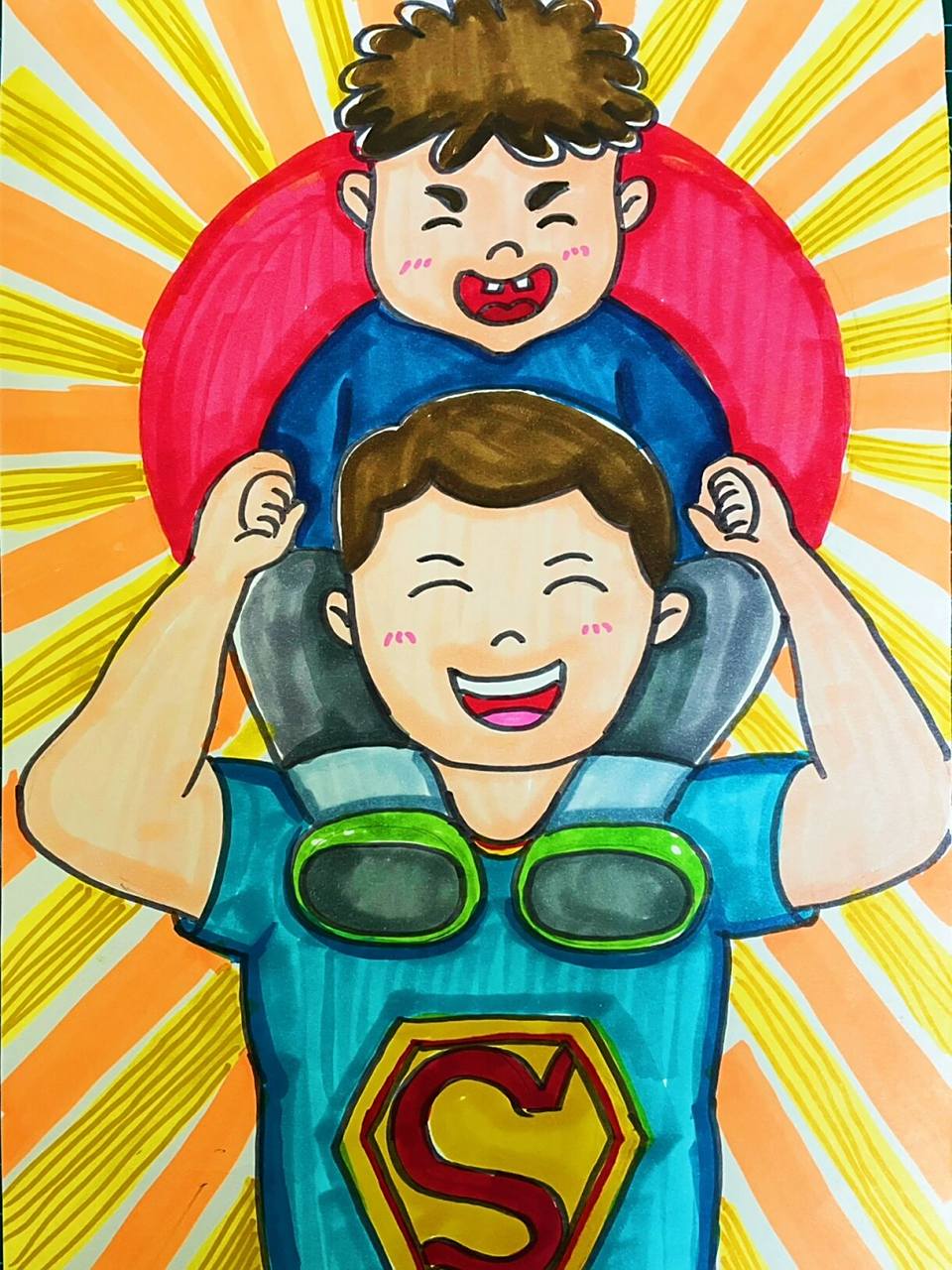 马克笔父亲节绘画 马克笔动漫,马克笔儿童画,父亲节绘画,爸爸是超人