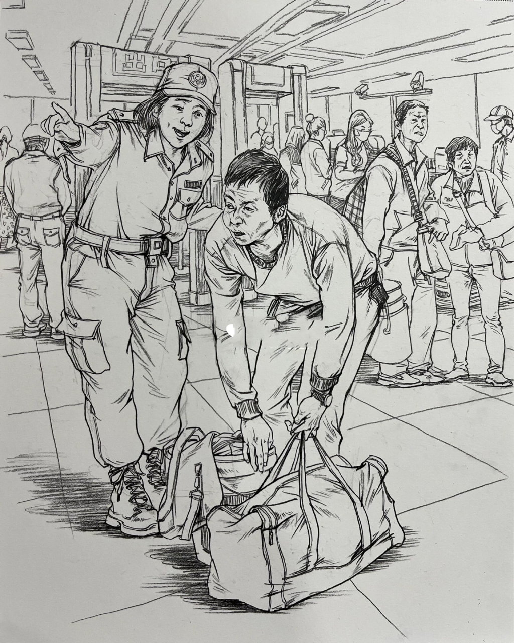 线描速写场景(第一次到大城市坐地铁)