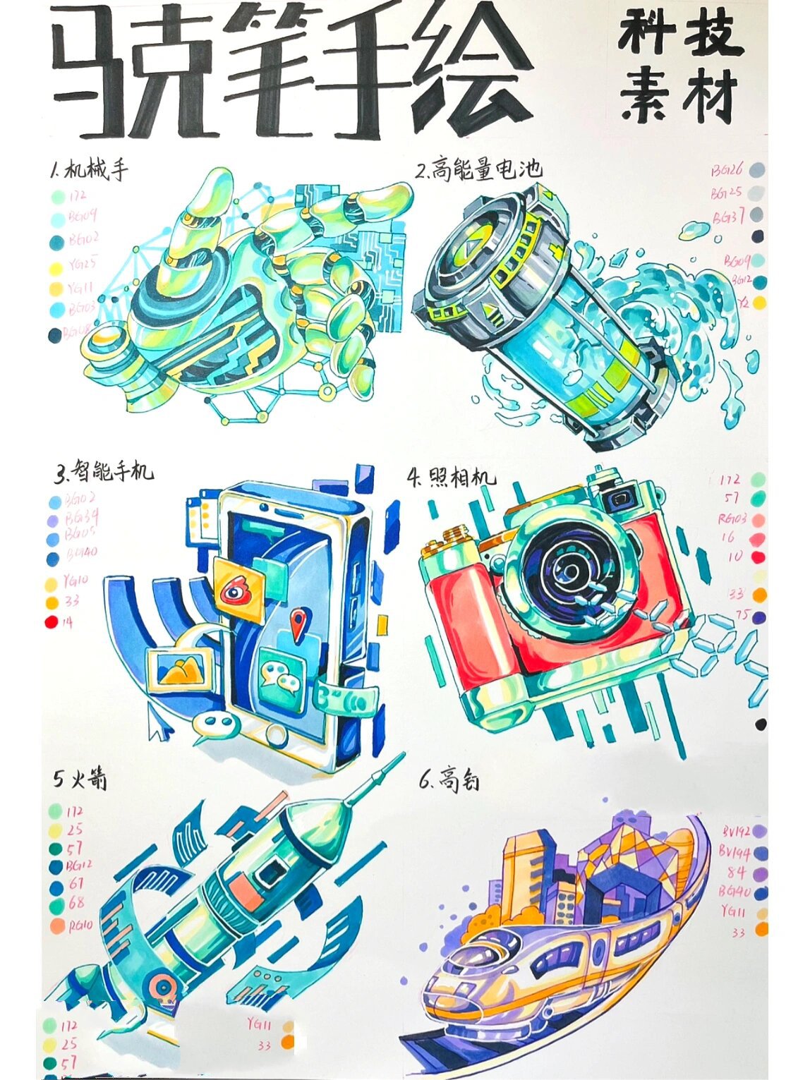 马克笔手绘—超实用现代科技类元素附线稿