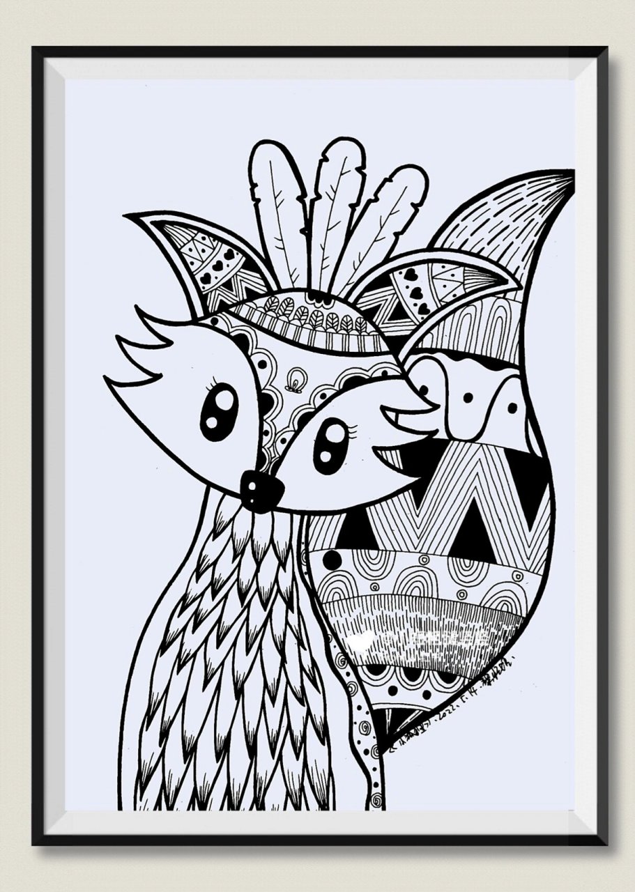 黑白线描装饰画 《小狐狸02》