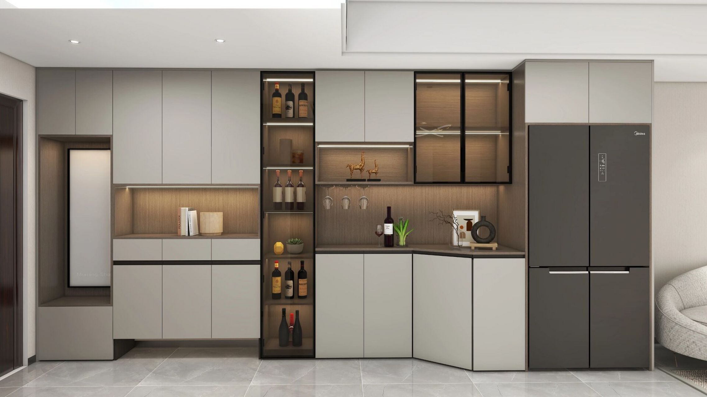 超实用的冰箱柜设计,鞋柜酒柜冰箱柜一体  本案例是将冰箱从厨房提