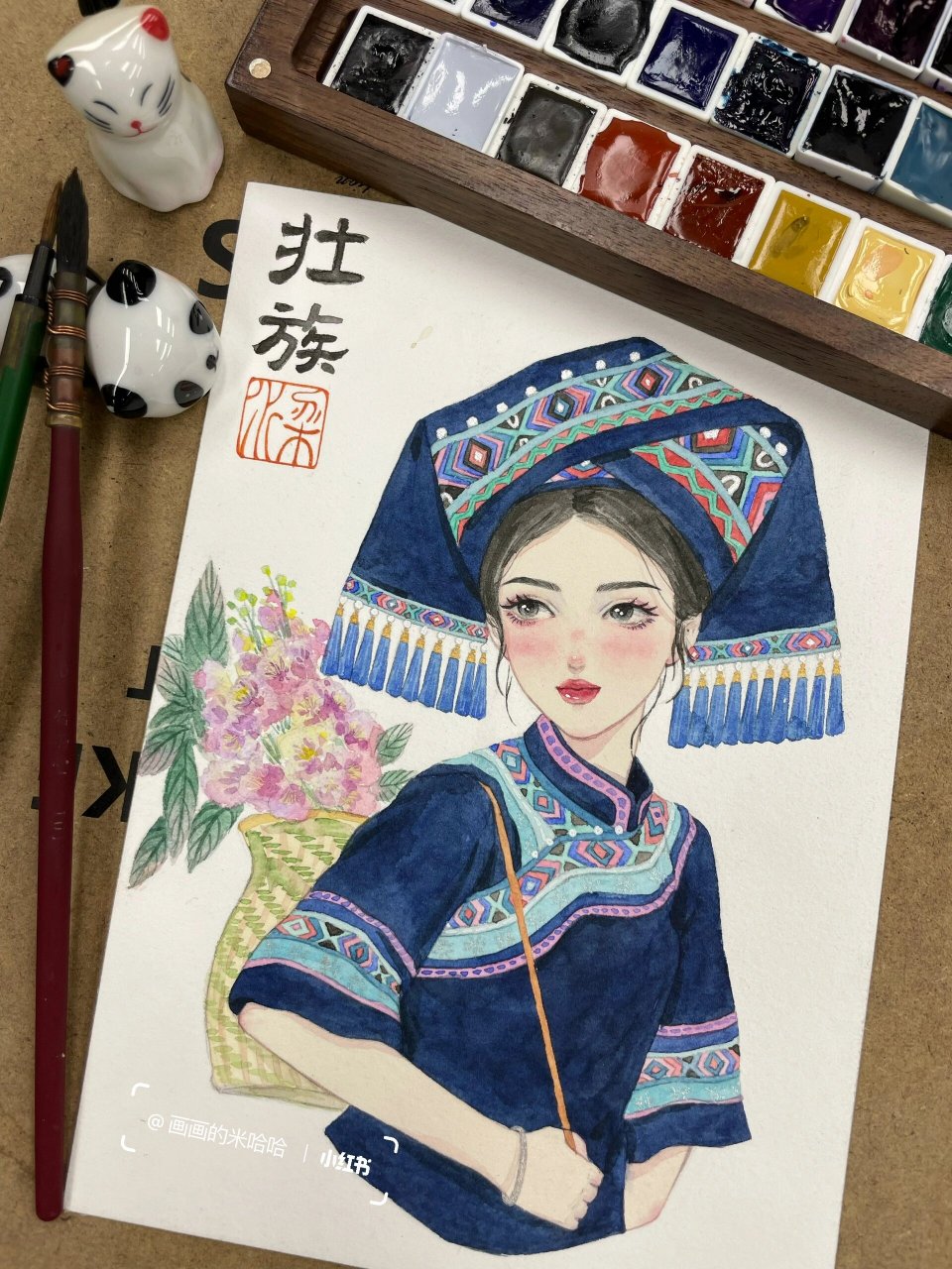 水彩人物|壮族少女|民族色彩插画手绘 最炫民族风,民族服饰真是越看越