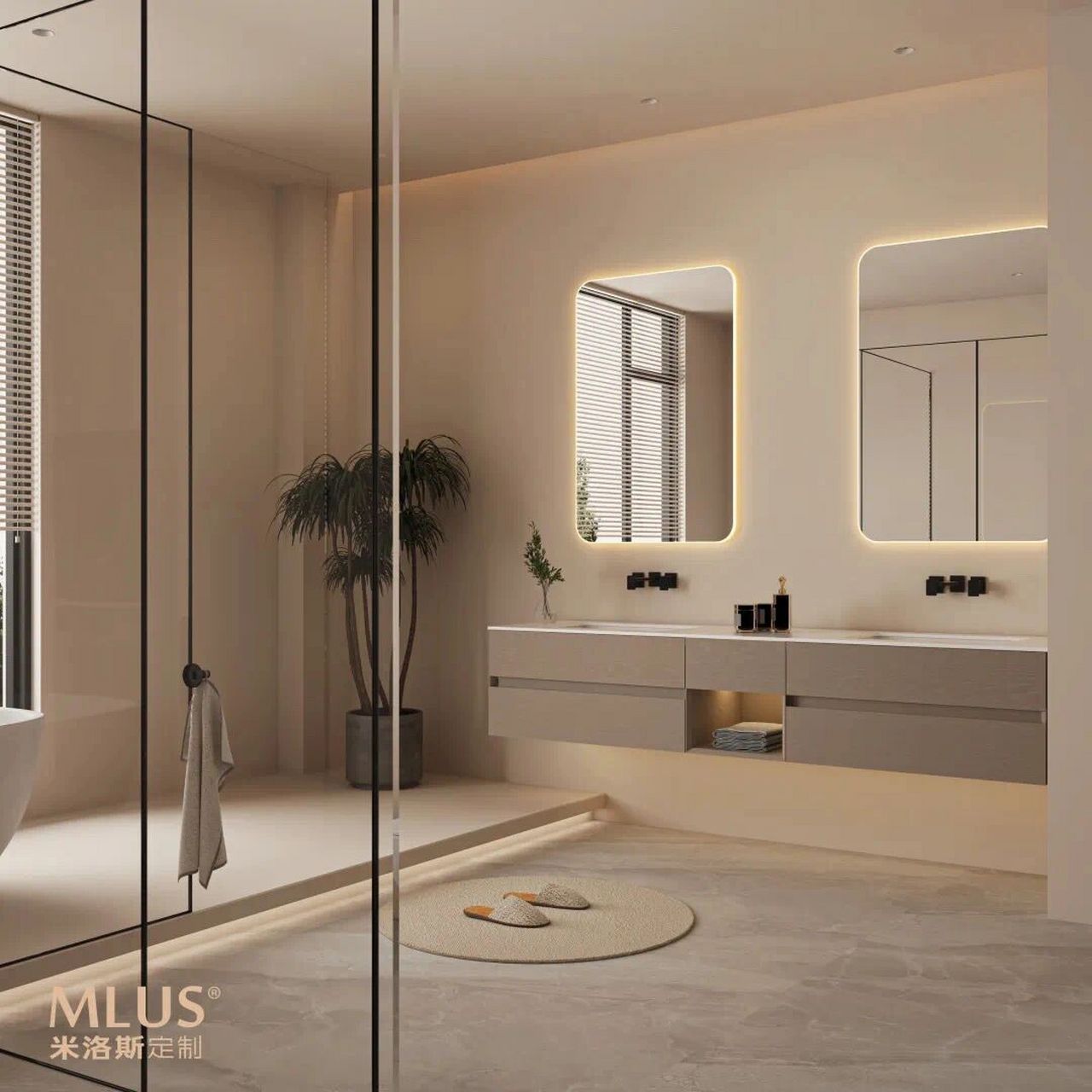 米洛斯原木定制浴室柜 99侘寂微水泥「无缝感」奶油风暖和色调get