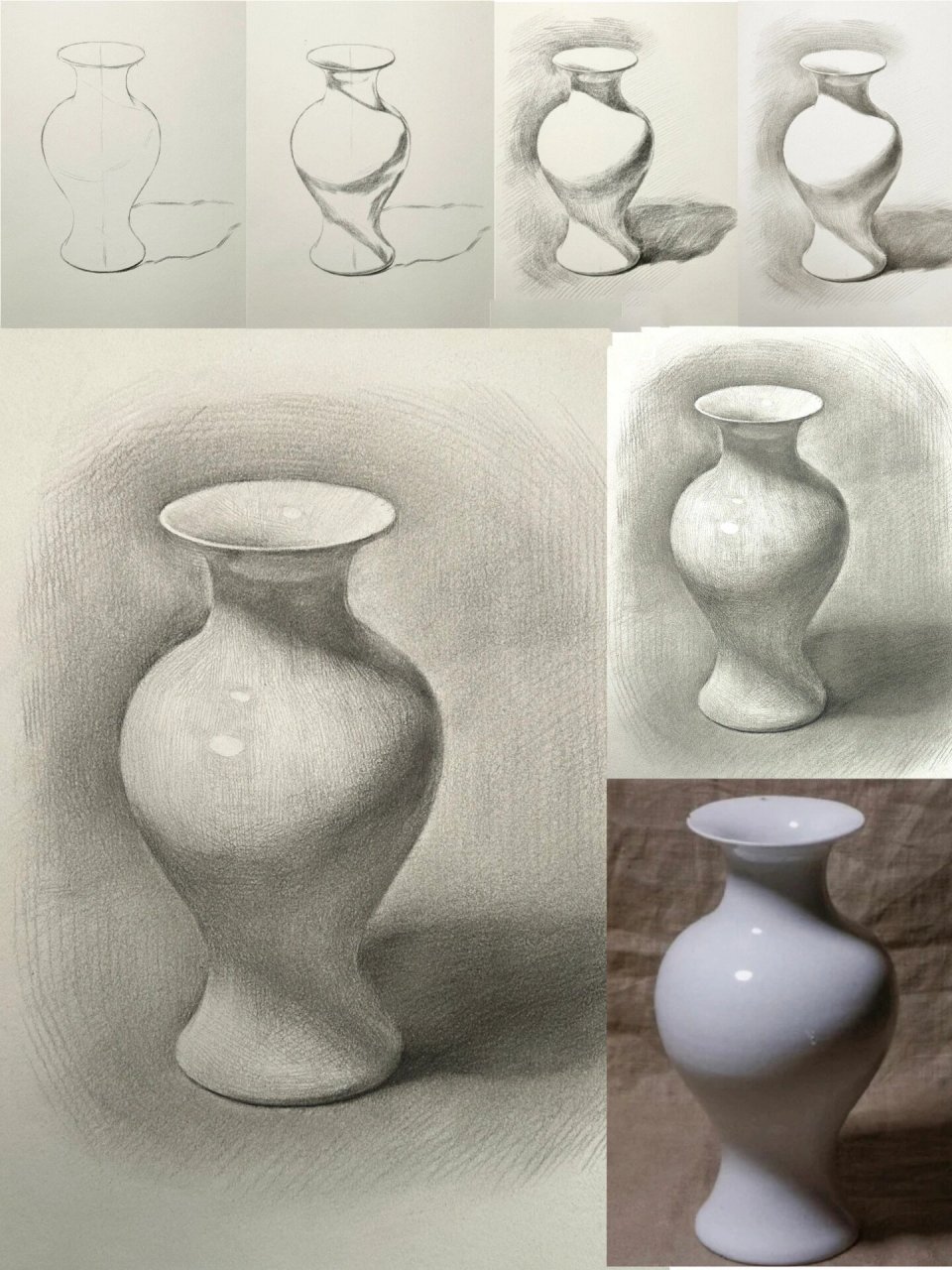 【素描静物】白色瓷花瓶 素描零基础入门教学步骤