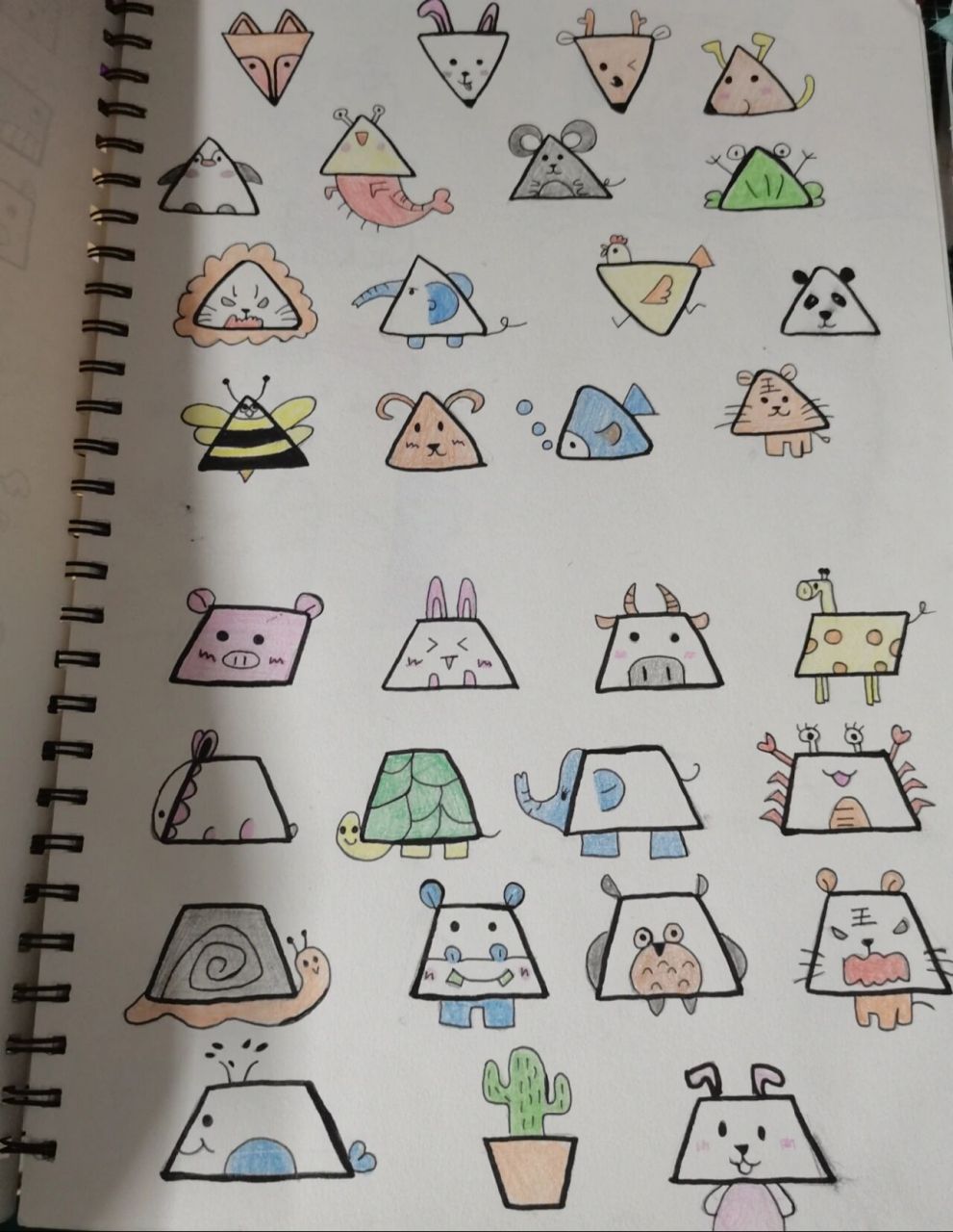 梯形和三角形彩铅动物简笔画