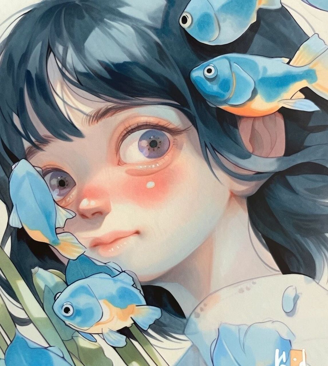 女生头像|ai绘画|水彩风|少女与鱼 若你决定灿烂,山无遮海无拦 #浪漫