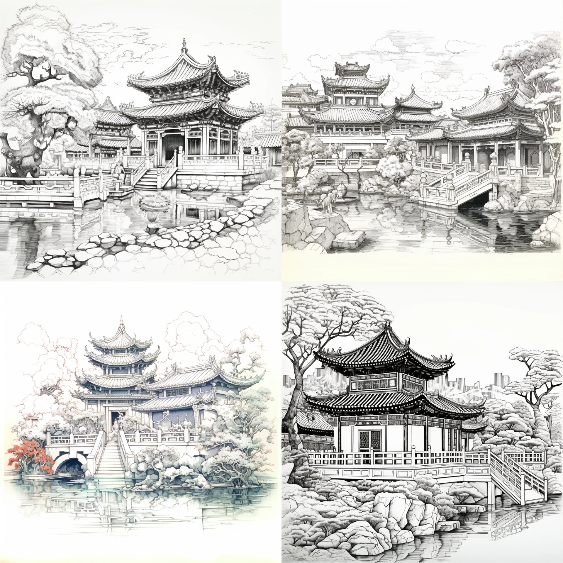 苏州园林手绘线稿