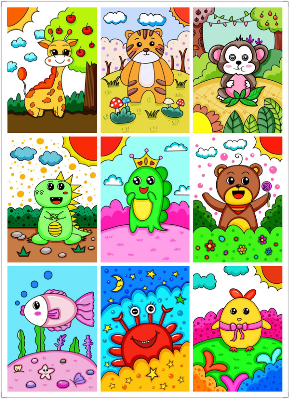 动物合集 创意画 儿童画 简笔画 长颈鹿 老虎 猴子 恐龙 熊 鱼 螃蟹