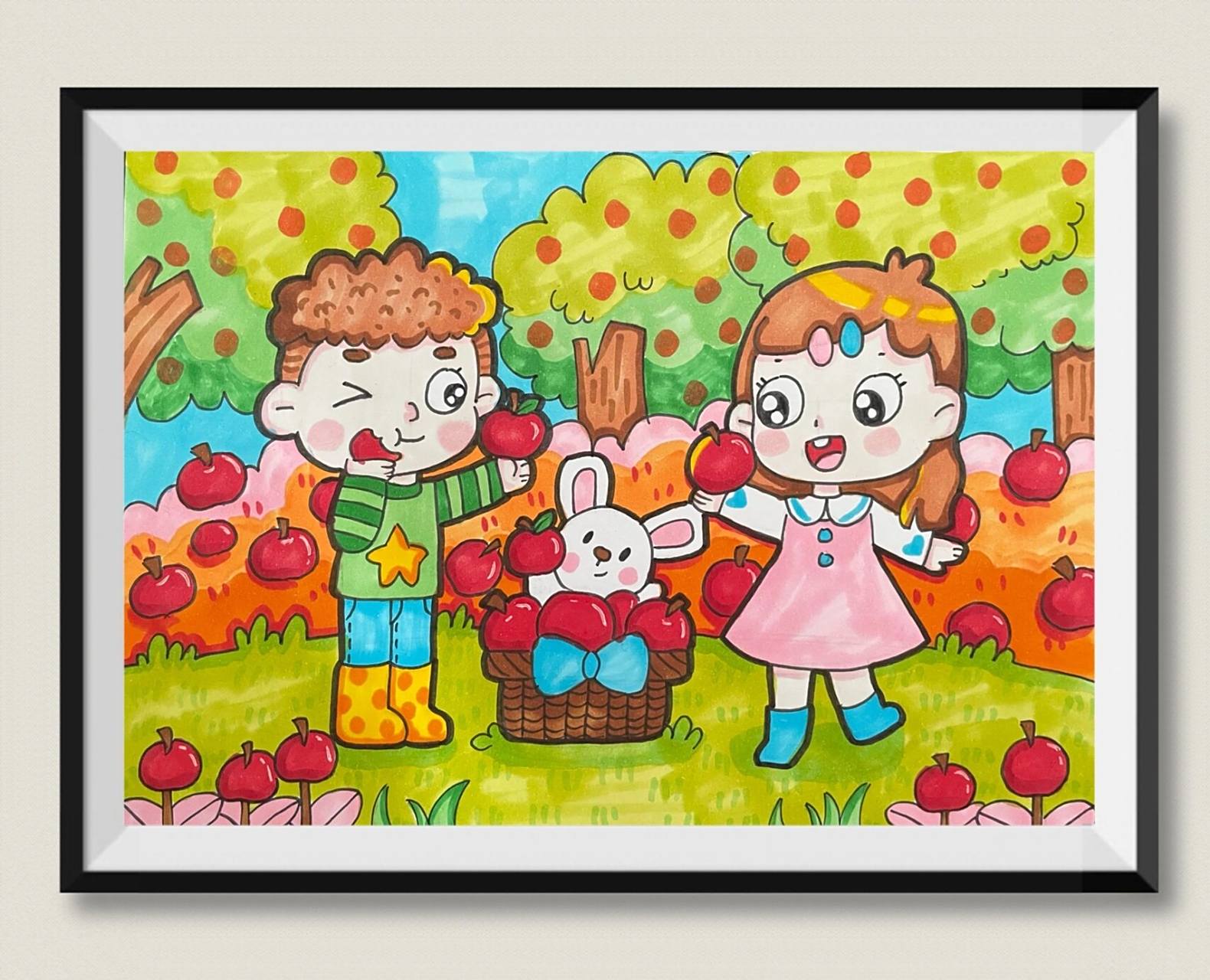 秋游摘苹果|马克笔儿童画 作品元素很多,稍微复杂,适合基础较好的小