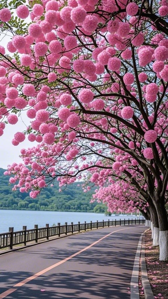 高饱和度的粉色球形花树沿着湖边的道路两旁开满了花