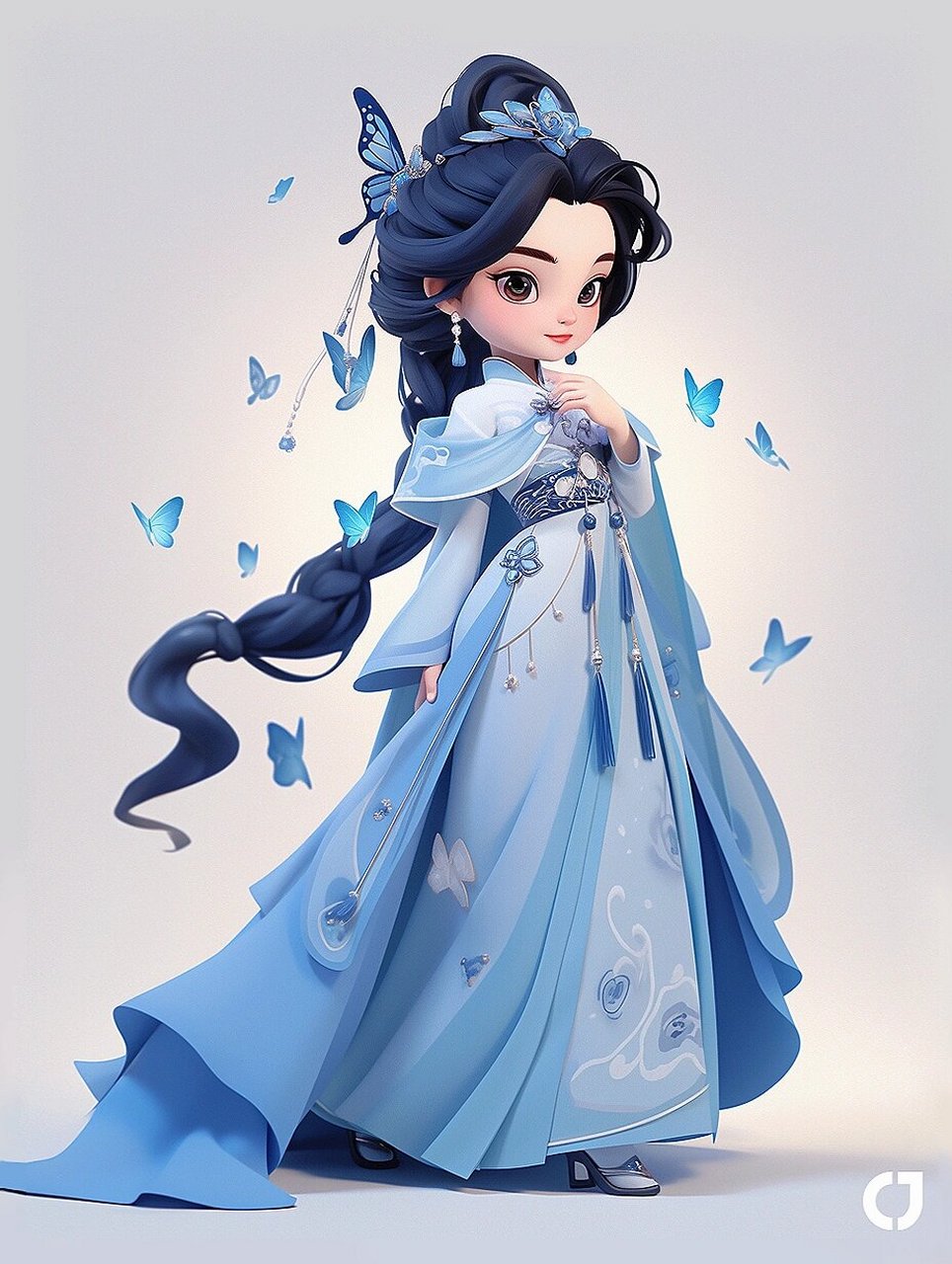 古风|蓝色衣裳勾勒自然的宽广  白底之上,长发如瀑布飞舞, 蝴蝶元素