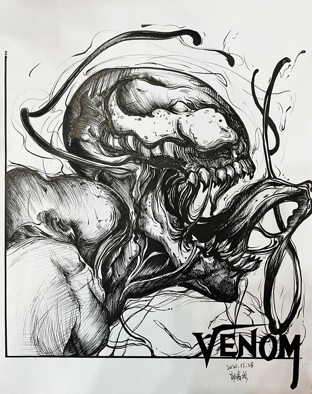 针管笔黑白画 漫威手绘毒液 视传 原作者 随意线条画起来太舒服了!