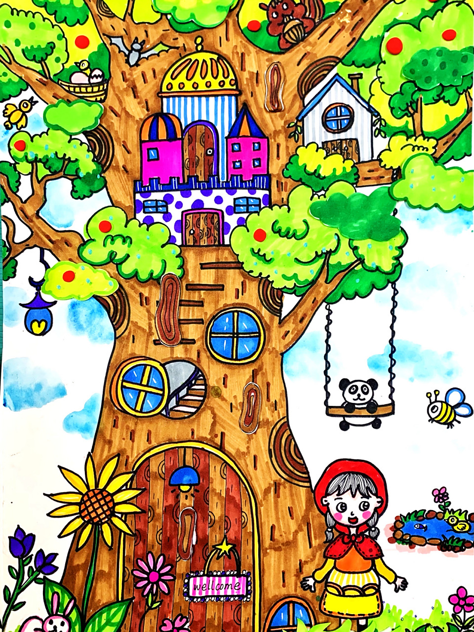 《树屋》创意儿童画 作品是4k大小 树纹跟树丛的纹理用了海绵胶做了