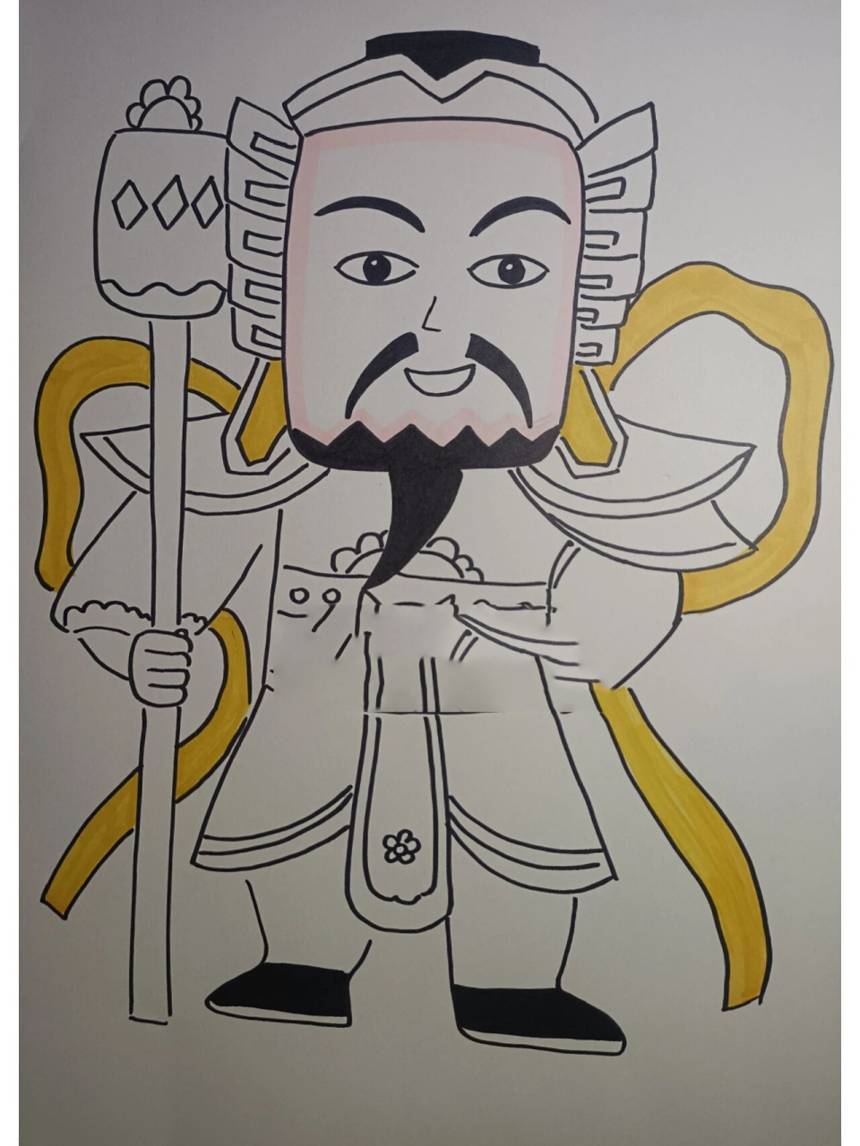 创意美术《新年门神》儿童画 1,工具材料: 马克笔,勾线笔,卡纸 2,适合