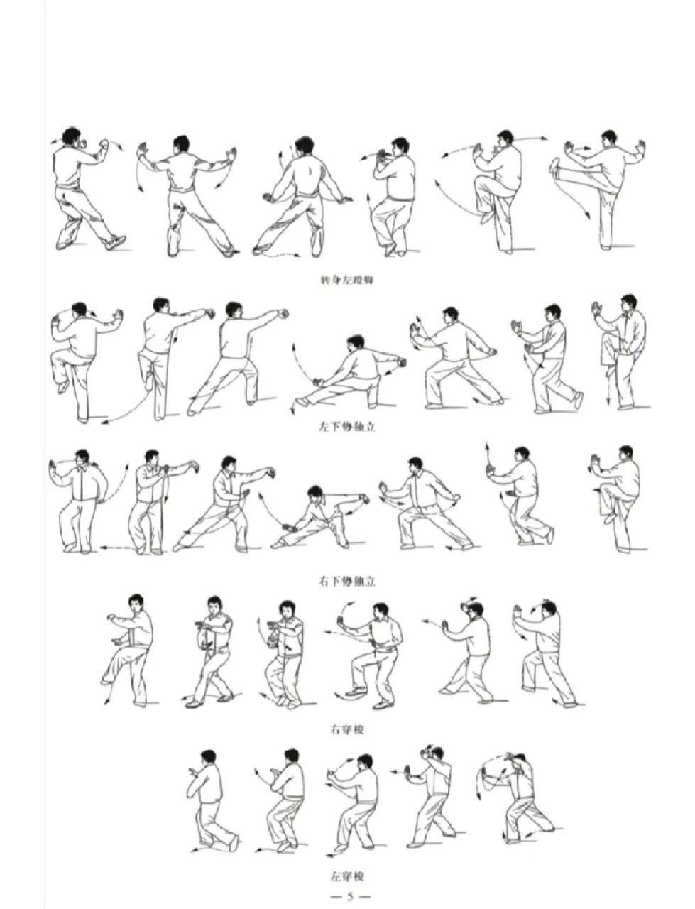 1,起式2,左右野马分鬃3,白鹤亮翅4,左右搂膝拗步5,手挥琵琶6,左右倒