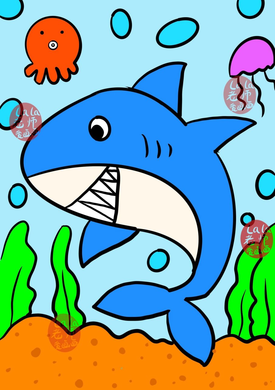 鲨鱼儿童创意画(附线稿)